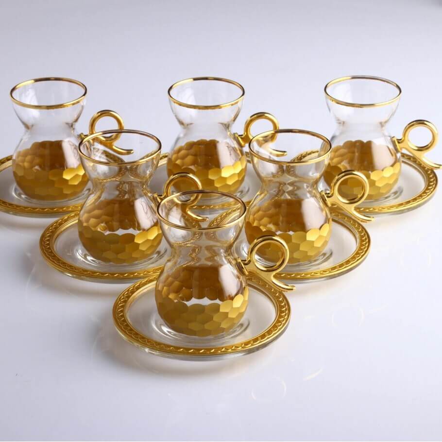 סט כוסות תה עם ידית בסגנון תורכי 12 חלקים עבודת יד דגם מטבעות זהב